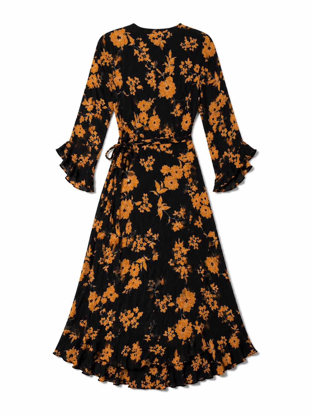 Miss Selfridge Black and Mustard Floral Wrap Midi Dress Size 8 - Picture 3 of 5